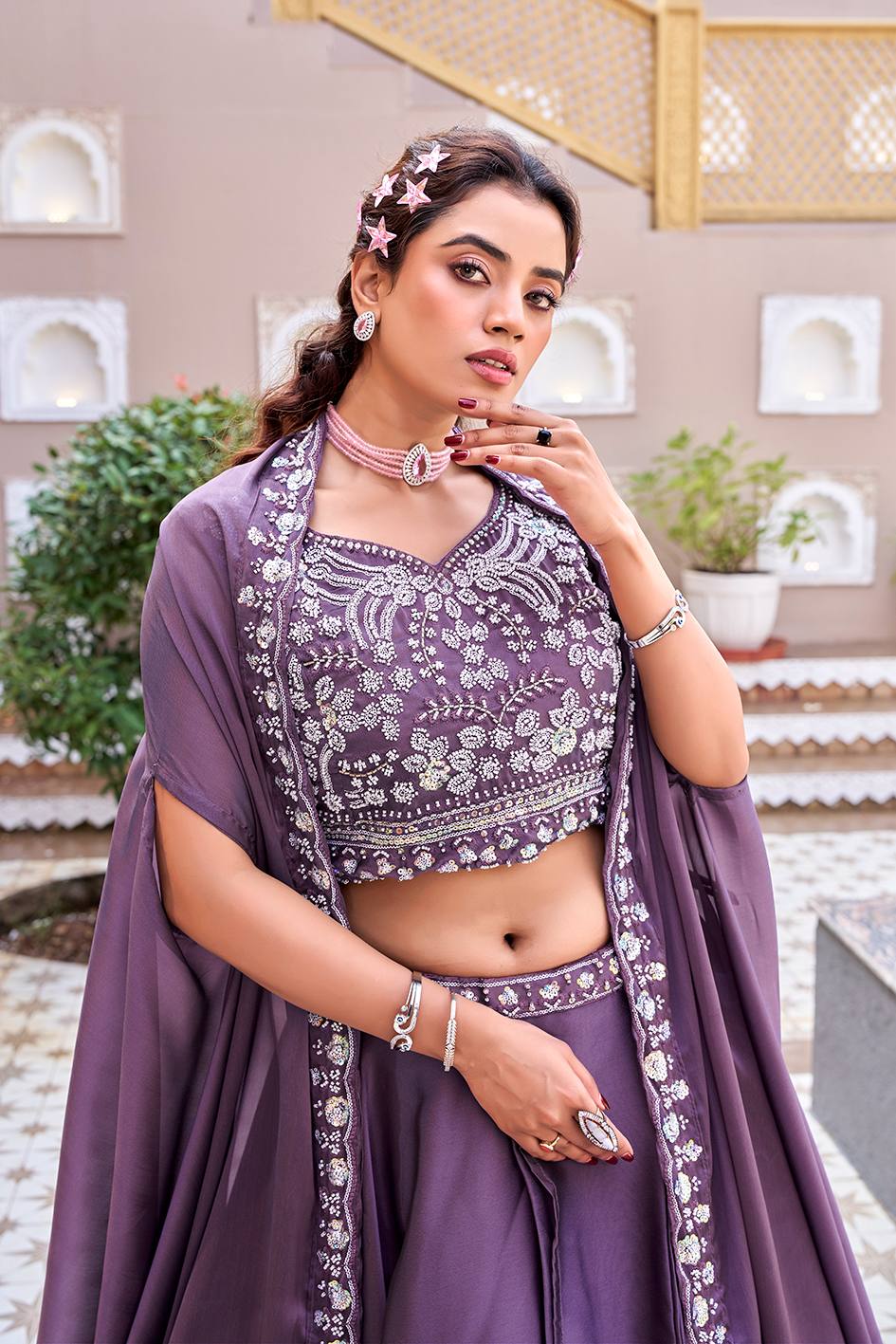 Dazzling Purple Color Heavy Embroidery Sequence Lehenga Set