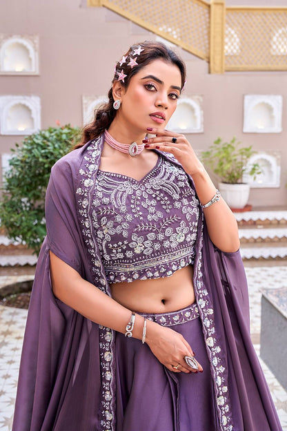 Dazzling Purple Color Heavy Embroidery Sequence Lehenga Set