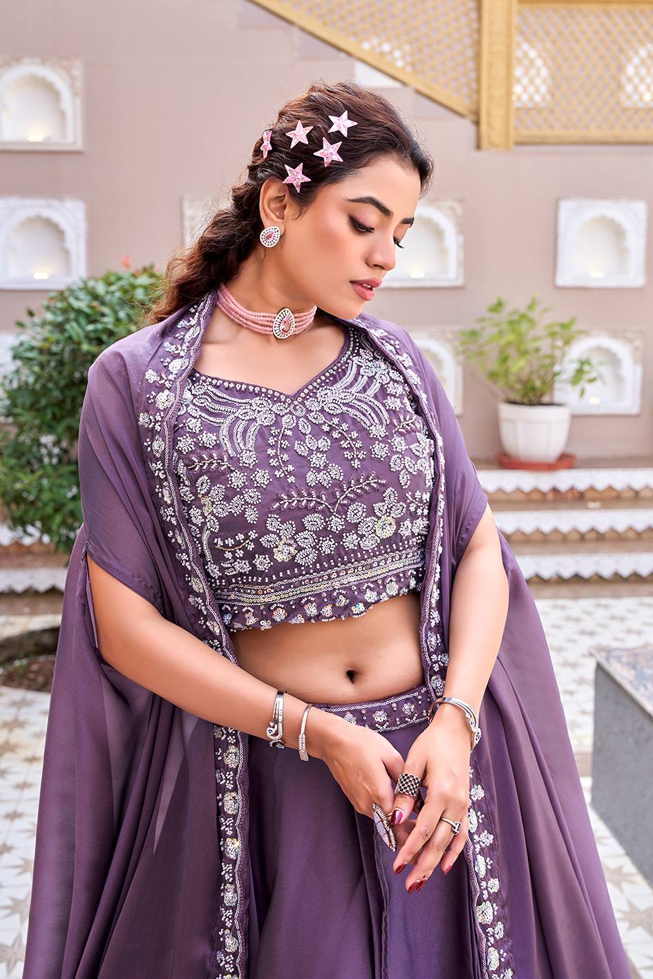 Dazzling Purple Color Heavy Embroidery Sequence Lehenga Set