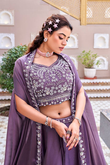 Dazzling Purple Color Heavy Embroidery Sequence Lehenga Set