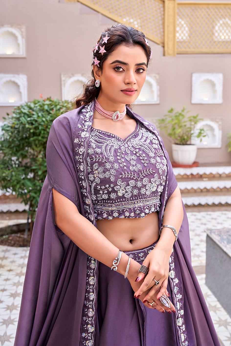 Dazzling Purple Color Heavy Embroidery Sequence Lehenga Set