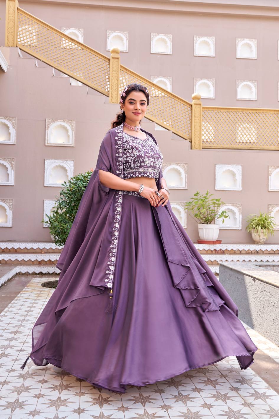 Dazzling Purple Color Heavy Embroidery Sequence Lehenga Set
