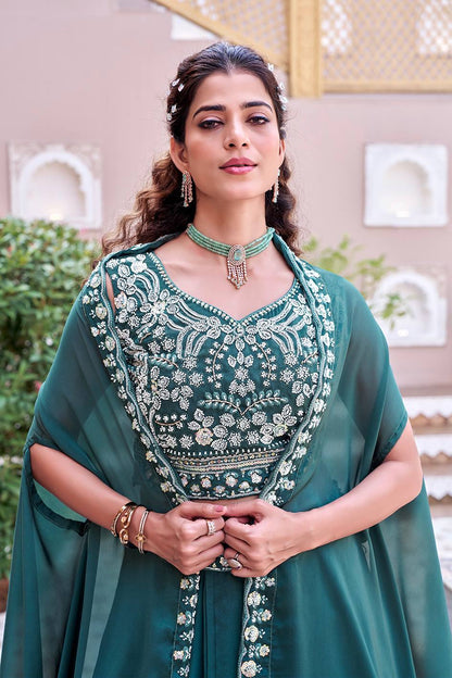 Glimmering Blue Color Embroidery With Moti Work Lehenga With Shrug