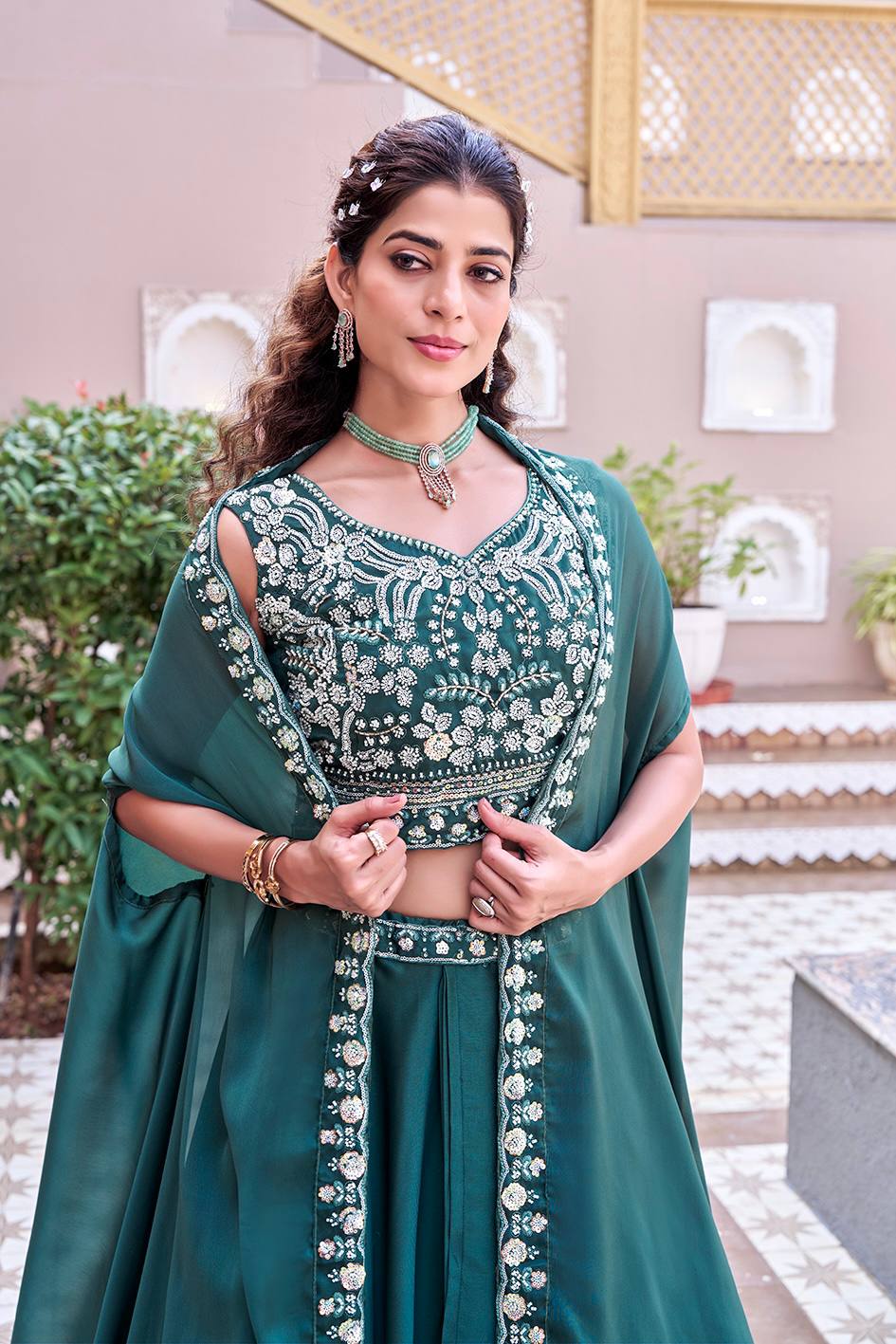 Glimmering Blue Color Embroidery With Moti Work Lehenga With Shrug