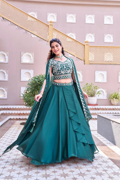 Glimmering Blue Color Embroidery With Moti Work Lehenga With Shrug
