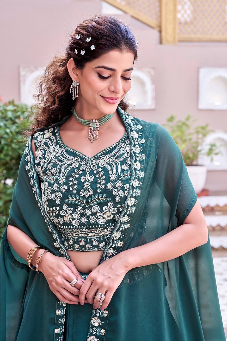Glimmering Blue Color Embroidery With Moti Work Lehenga With Shrug