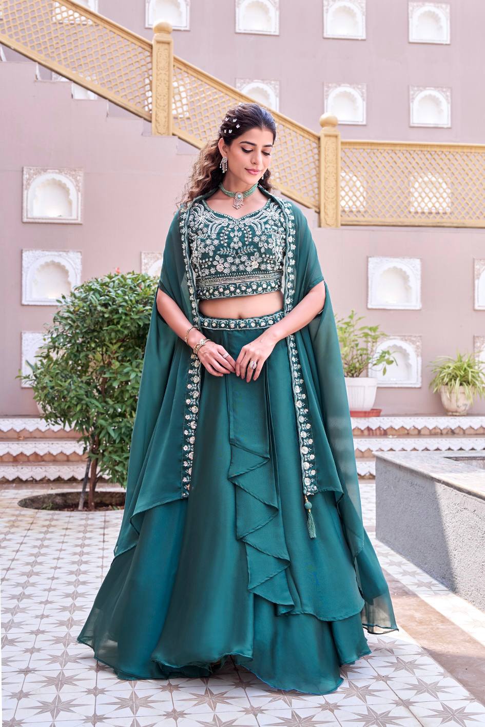 Glimmering Blue Color Embroidery With Moti Work Lehenga With Shrug