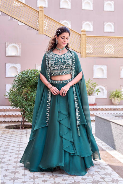 Glimmering Blue Color Embroidery With Moti Work Lehenga With Shrug