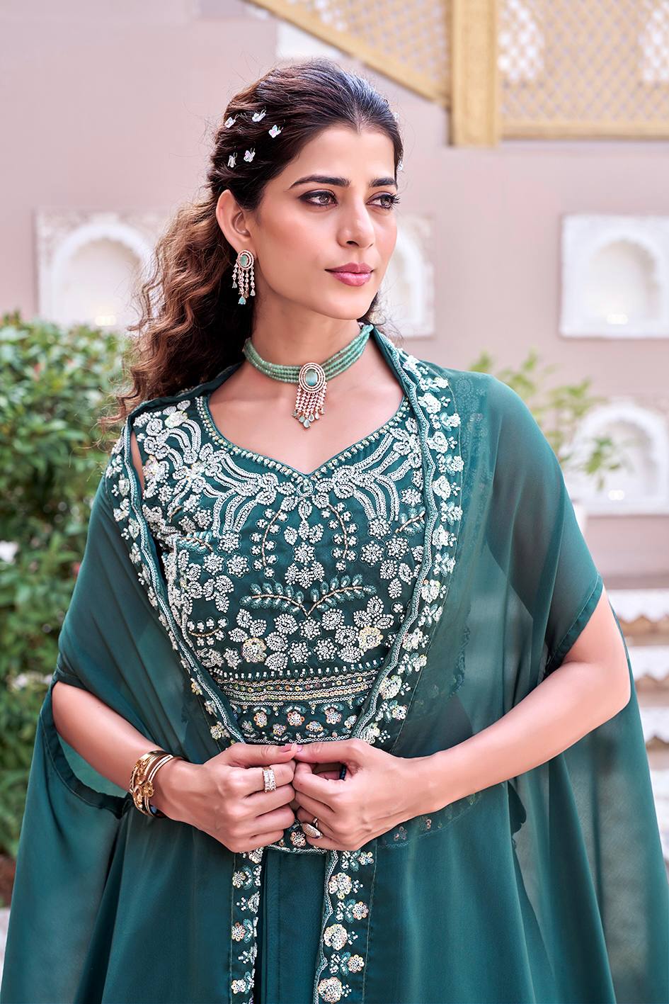 Glimmering Blue Color Embroidery With Moti Work Lehenga With Shrug