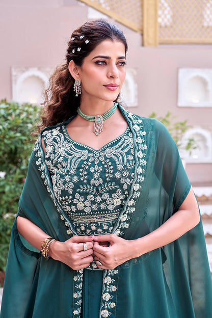 Glimmering Blue Color Embroidery With Moti Work Lehenga With Shrug