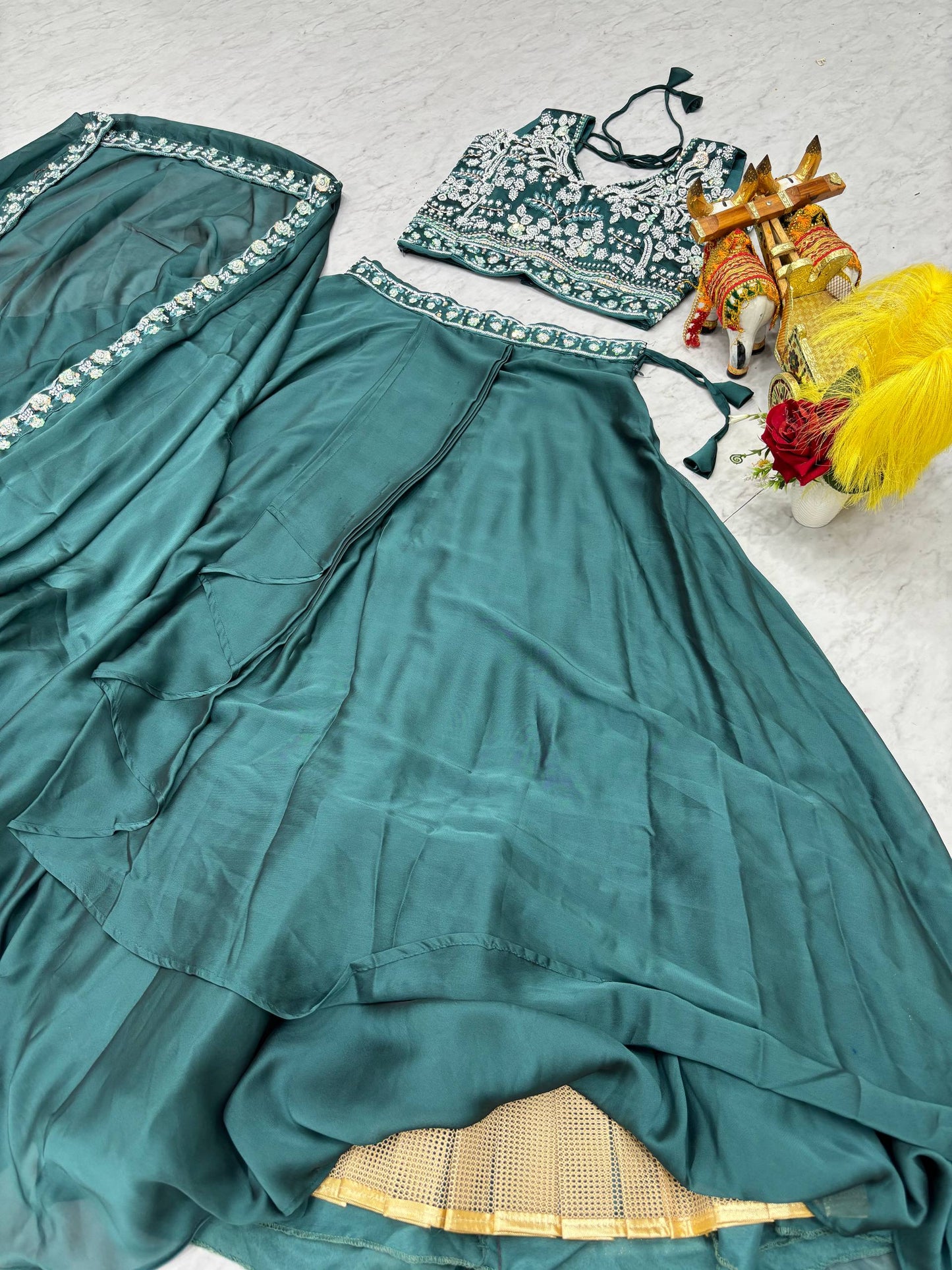 Glimmering Blue Color Embroidery With Moti Work Lehenga With Shrug