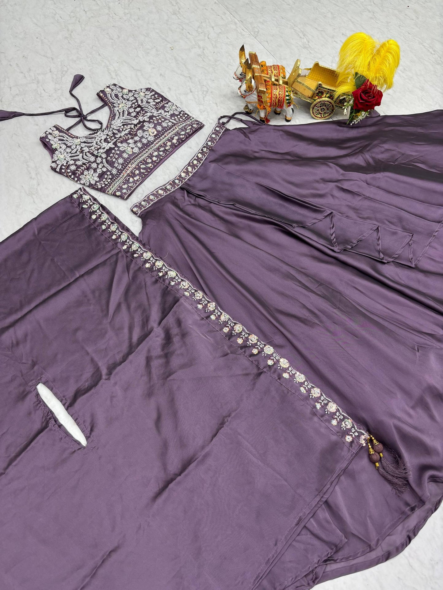 Dazzling Purple Color Heavy Embroidery Sequence Lehenga Set