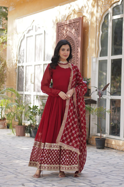 Reception Wear Maroon Color Faux Blooming With Embroidery Zari Sequins Work Designer Gown