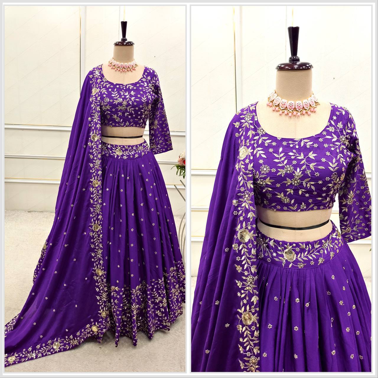 Wedding Wear Purple Color Pure Satin Silk With Heavy Embroidery Sequin Work Designer Lehenga Choli