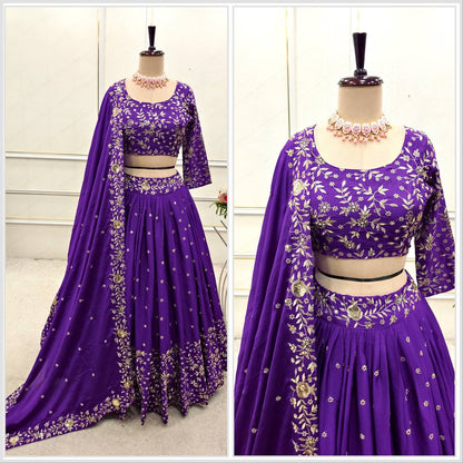 Wedding Wear Purple Color Pure Satin Silk With Heavy Embroidery Sequin Work Designer Lehenga Choli