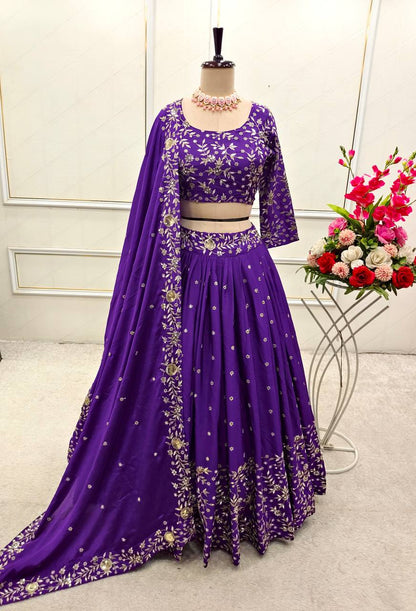 Wedding Wear Purple Color Pure Satin Silk With Heavy Embroidery Sequin Work Designer Lehenga Choli