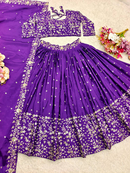 Wedding Wear Purple Color Pure Satin Silk With Heavy Embroidery Sequin Work Designer Lehenga Choli