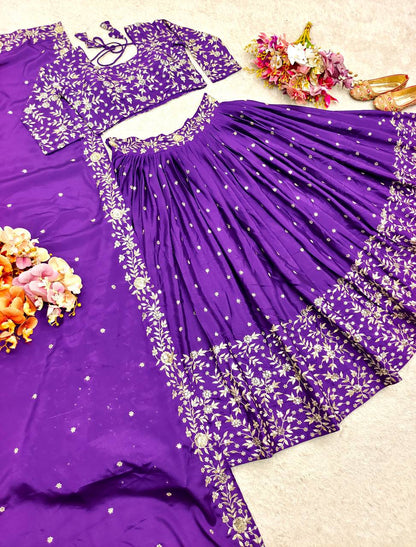 Wedding Wear Purple Color Pure Satin Silk With Heavy Embroidery Sequin Work Designer Lehenga Choli