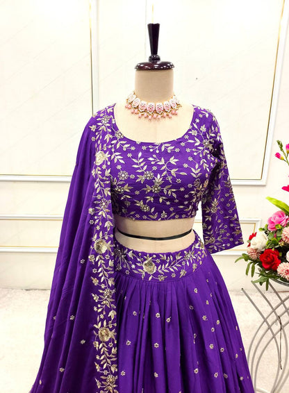 Wedding Wear Purple Color Pure Satin Silk With Heavy Embroidery Sequin Work Designer Lehenga Choli