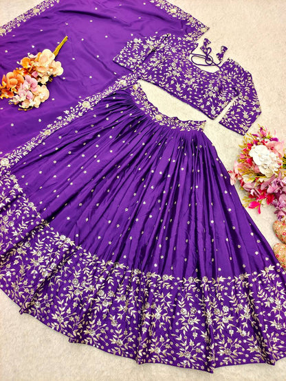 Wedding Wear Purple Color Pure Satin Silk With Heavy Embroidery Sequin Work Designer Lehenga Choli