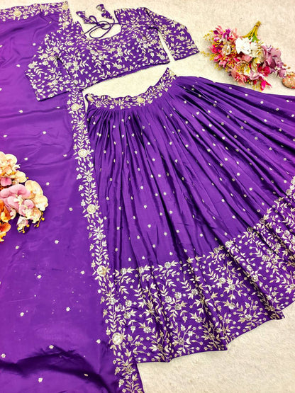 Wedding Wear Purple Color Pure Satin Silk With Heavy Embroidery Sequin Work Designer Lehenga Choli