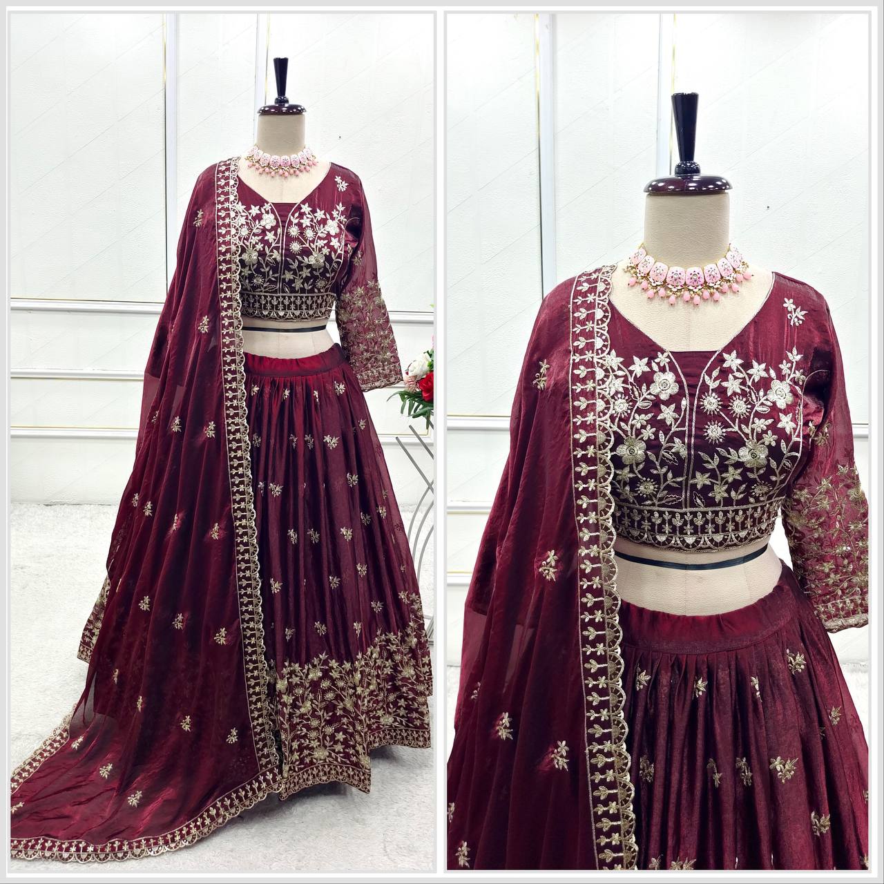 Reception Wine Color Pure Fendy Silk with Heavy Embroidery Sequin Work Lehenga Choli