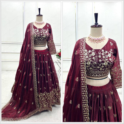 Reception Wine Color Pure Fendy Silk with Heavy Embroidery Sequin Work Lehenga Choli