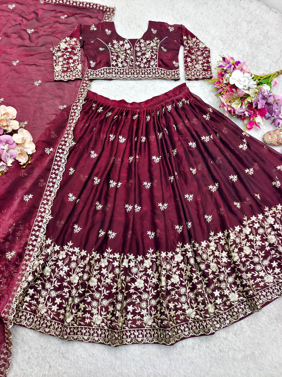 Reception Wine Color Pure Fendy Silk with Heavy Embroidery Sequin Work Lehenga Choli