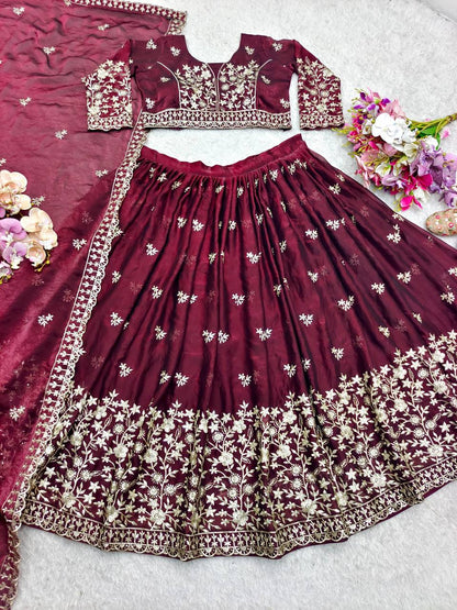 Reception Wine Color Pure Fendy Silk with Heavy Embroidery Sequin Work Lehenga Choli