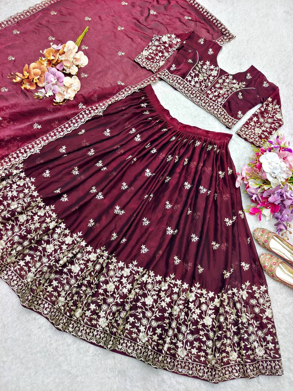 Reception Wine Color Pure Fendy Silk with Heavy Embroidery Sequin Work Lehenga Choli