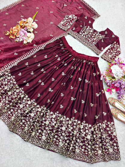 Reception Wine Color Pure Fendy Silk with Heavy Embroidery Sequin Work Lehenga Choli