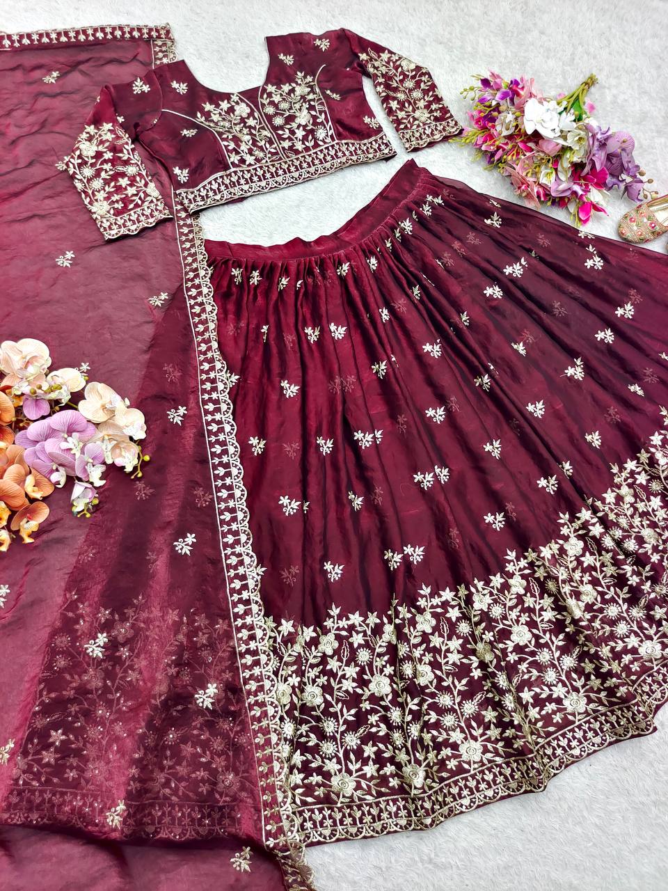 Reception Wine Color Pure Fendy Silk with Heavy Embroidery Sequin Work Lehenga Choli