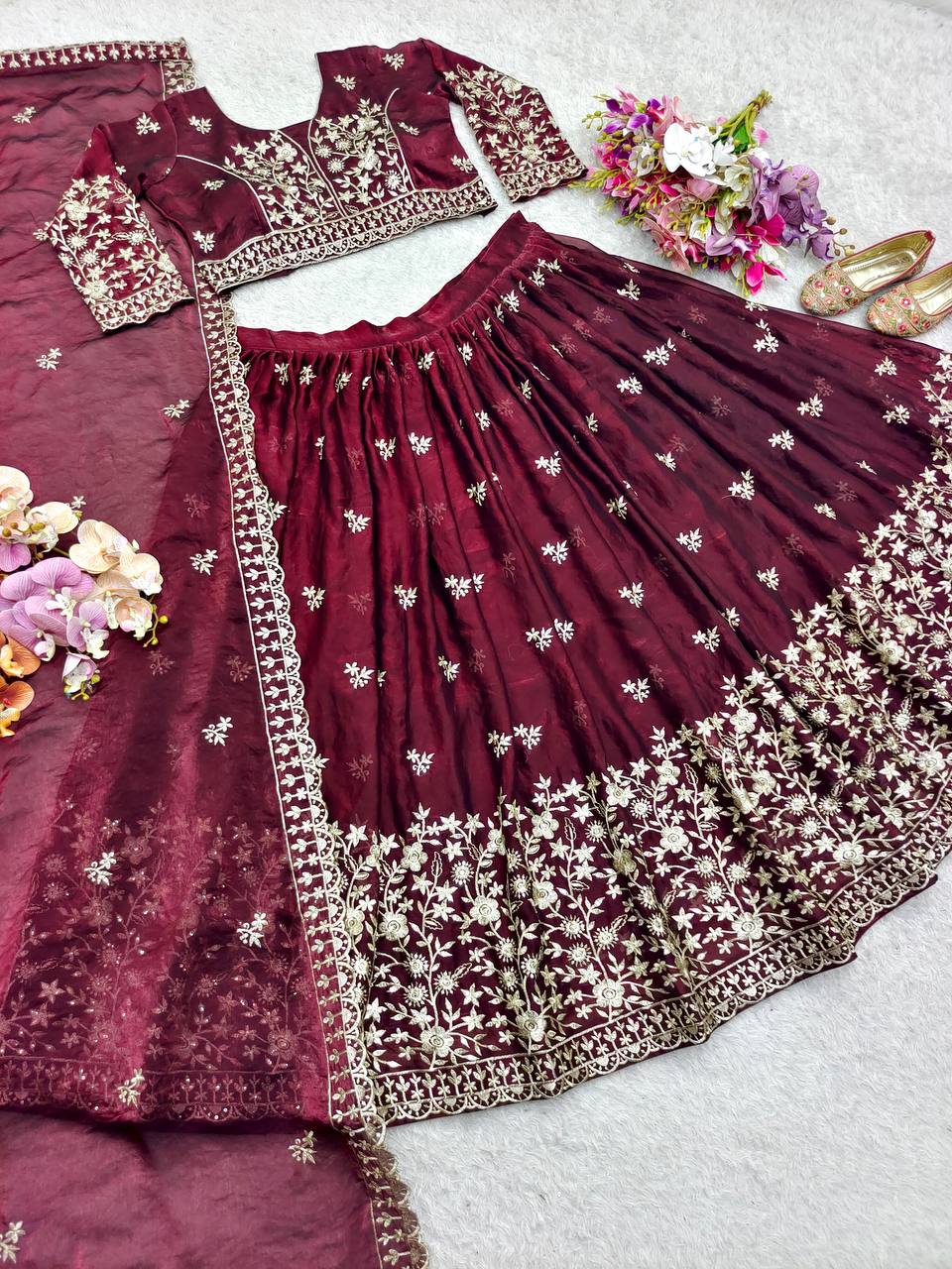 Reception Wine Color Pure Fendy Silk with Heavy Embroidery Sequin Work Lehenga Choli