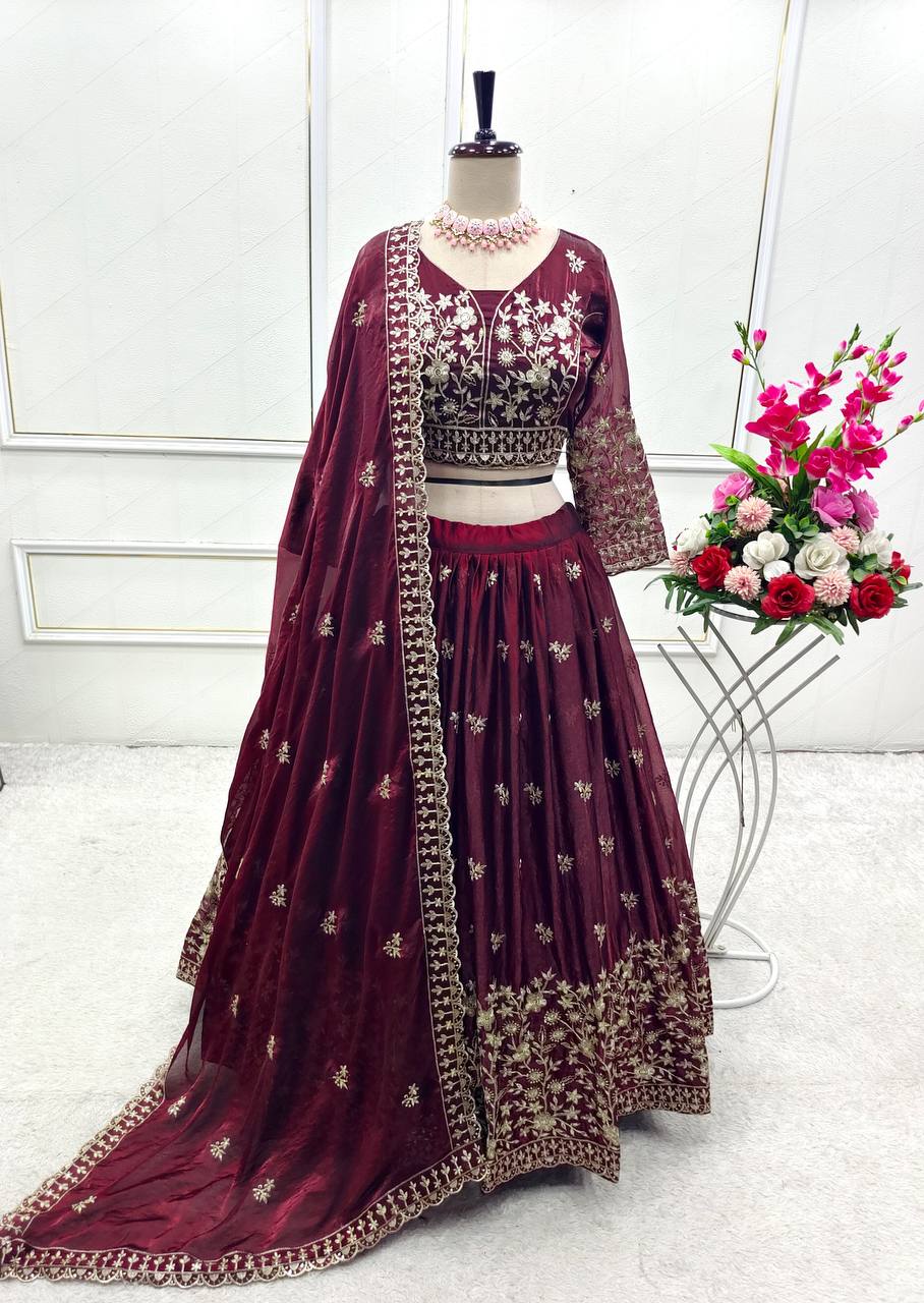 Reception Wine Color Pure Fendy Silk with Heavy Embroidery Sequin Work Lehenga Choli
