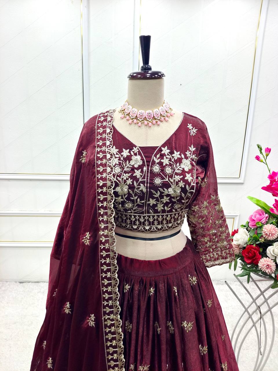 Reception Wine Color Pure Fendy Silk with Heavy Embroidery Sequin Work Lehenga Choli
