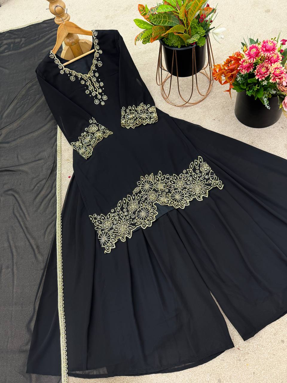 Beautiful Black Color Heavy Faux Georgette With Embroidery Beads Work Palazzo Suit