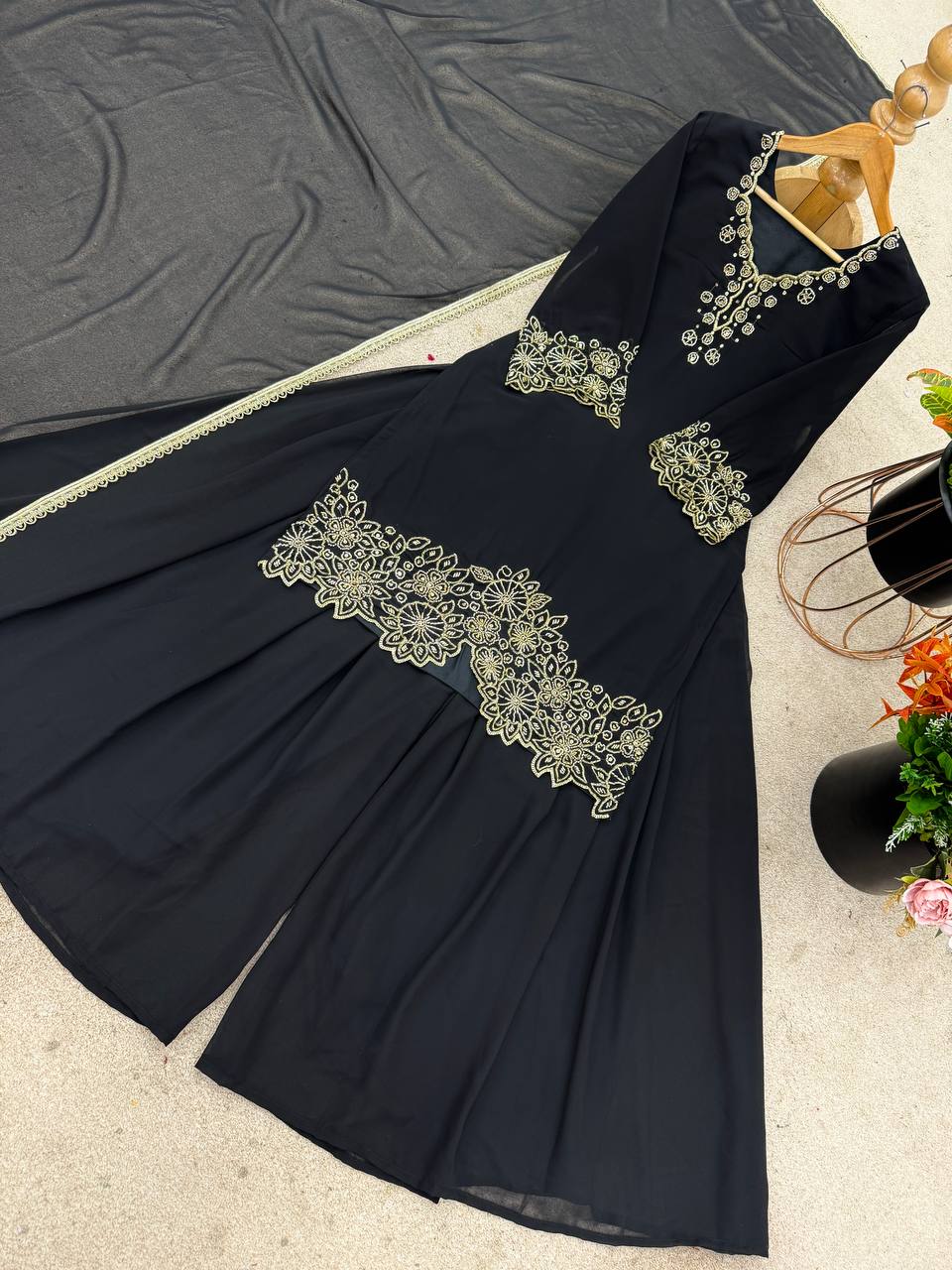 Beautiful Black Color Heavy Faux Georgette With Embroidery Beads Work Palazzo Suit