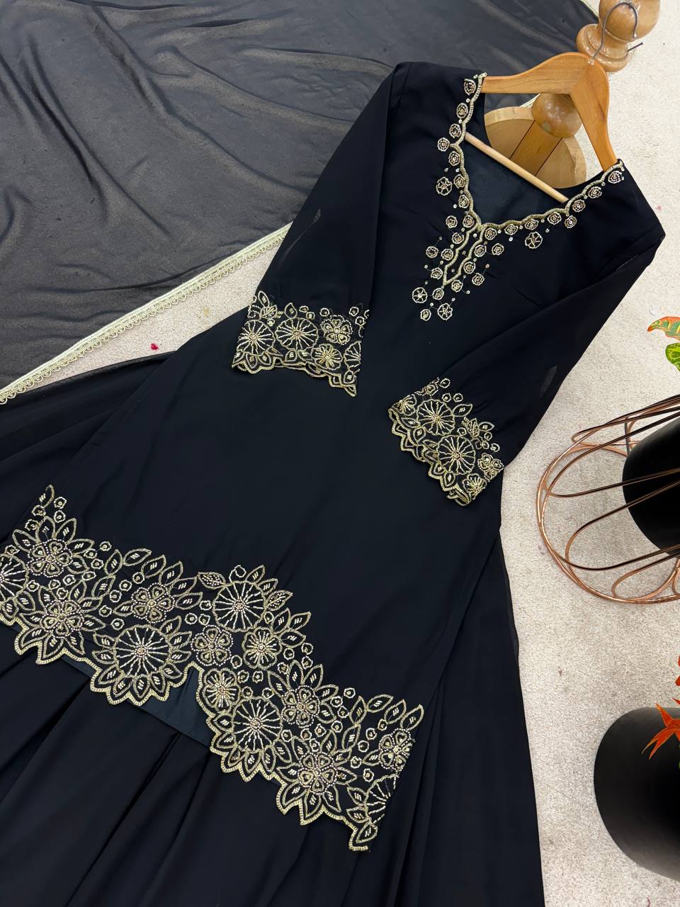 Beautiful Black Color Heavy Faux Georgette With Embroidery Beads Work Palazzo Suit
