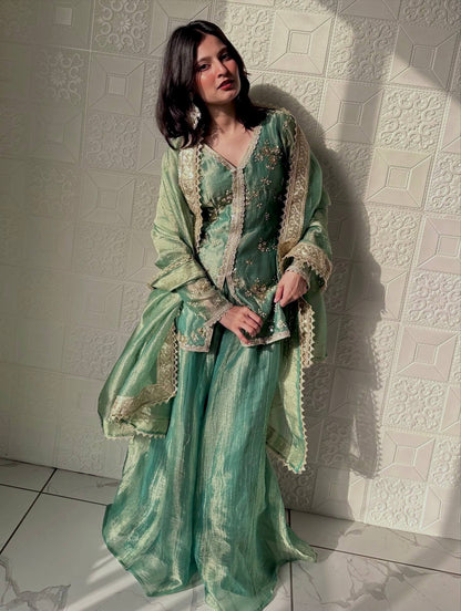 Wedding Wear Light Green Color Fendi Silk Embroidered Palazzo Suit Set