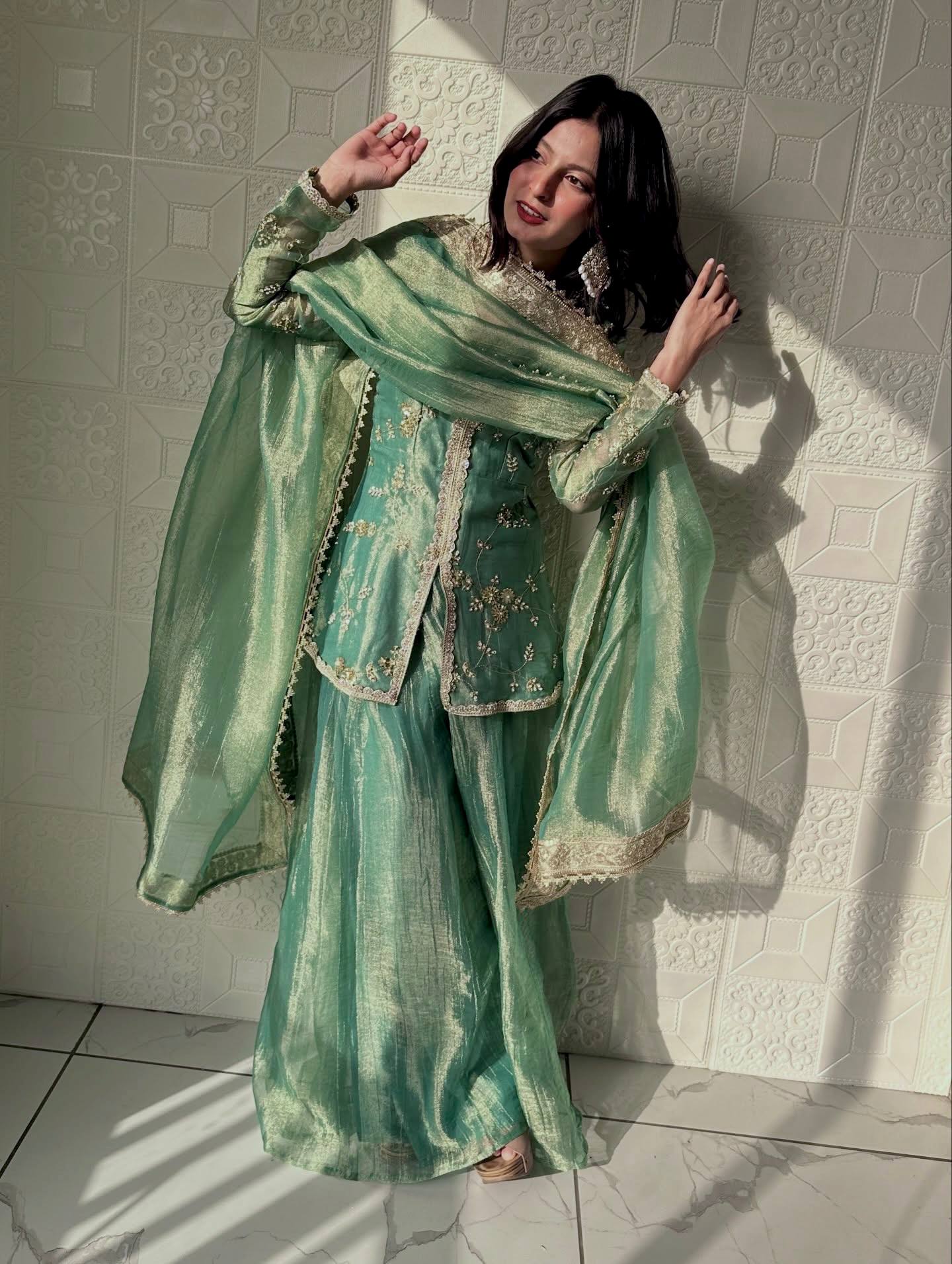 Wedding Wear Light Green Color Fendi Silk Embroidered Palazzo Suit Set
