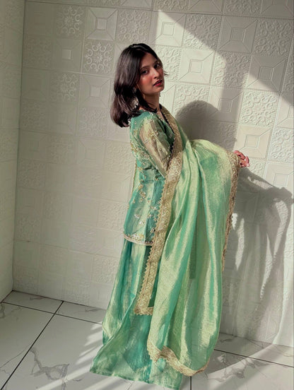 Wedding Wear Light Green Color Fendi Silk Embroidered Palazzo Suit Set