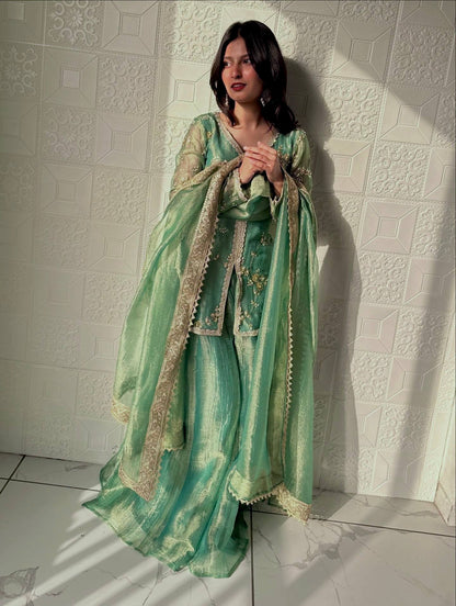 Wedding Wear Light Green Color Fendi Silk Embroidered Palazzo Suit Set