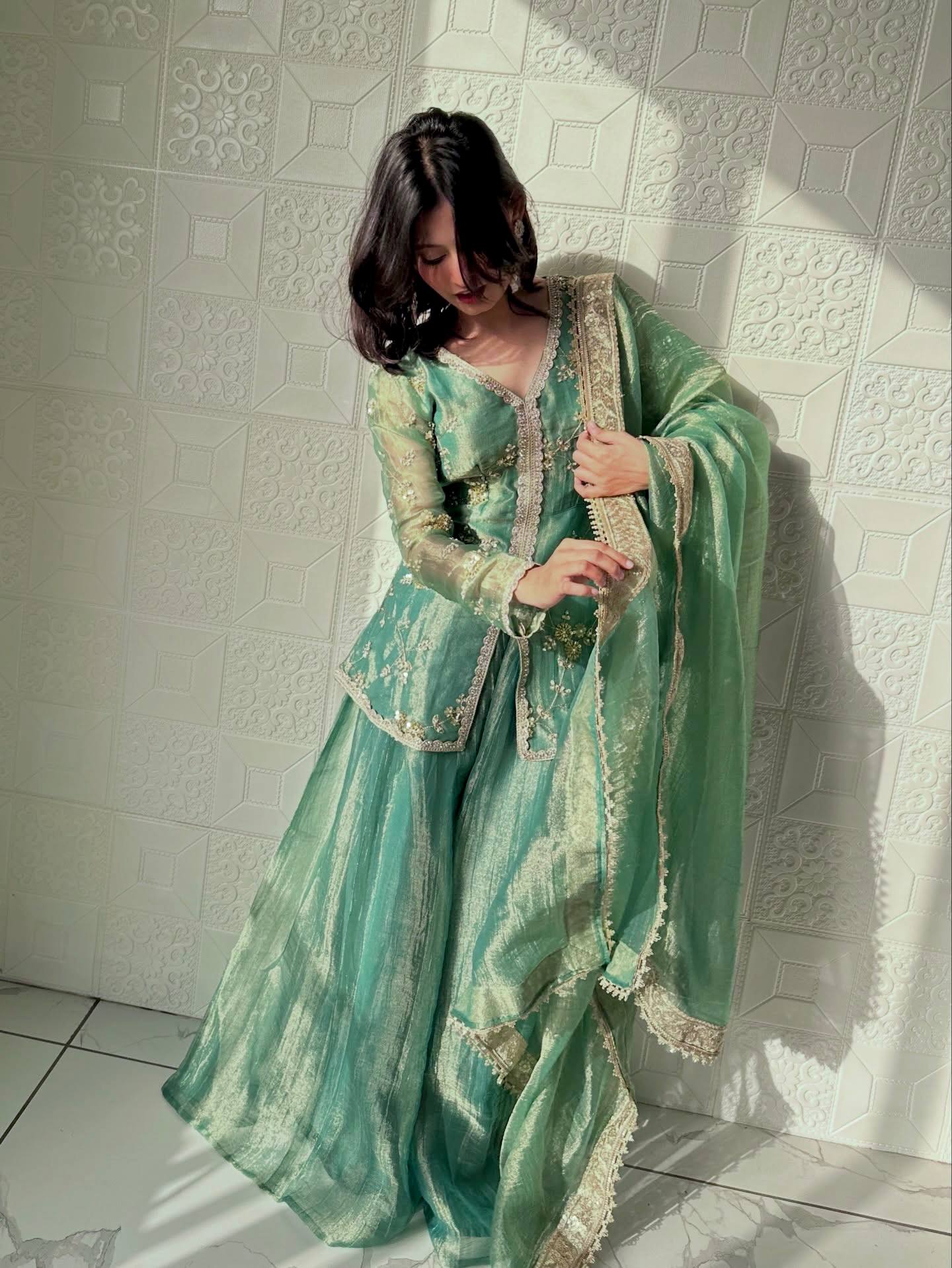 Wedding Wear Light Green Color Fendi Silk Embroidered Palazzo Suit Set