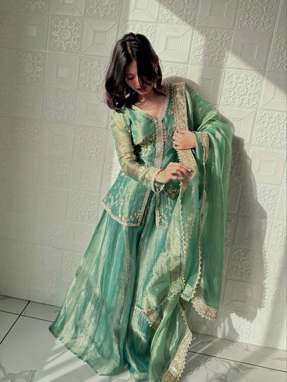 Wedding Wear Light Green Color Fendi Silk Embroidered Palazzo Suit Set