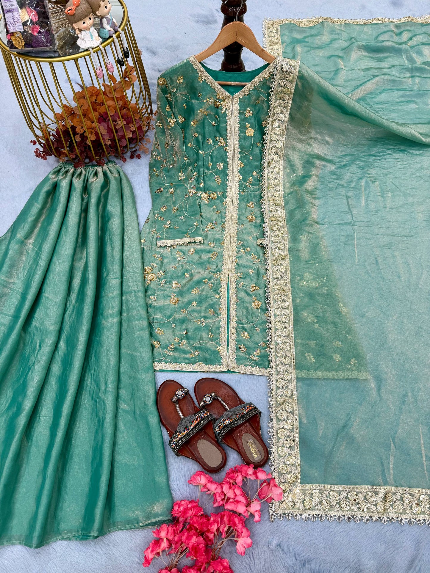 Wedding Wear Light Green Color Fendi Silk Embroidered Palazzo Suit Set