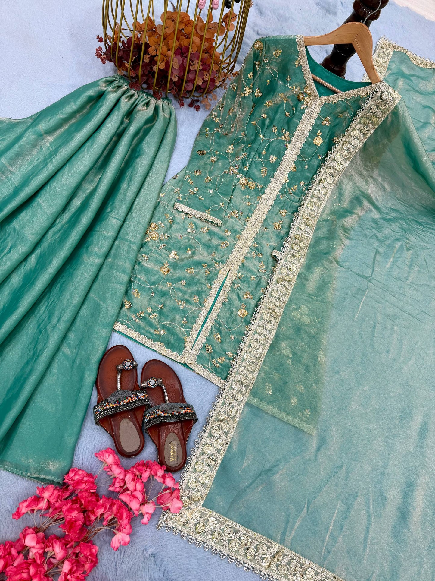 Wedding Wear Light Green Color Fendi Silk Embroidered Palazzo Suit Set