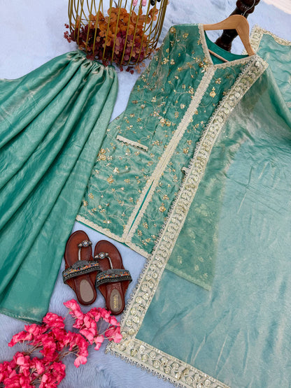 Wedding Wear Light Green Color Fendi Silk Embroidered Palazzo Suit Set