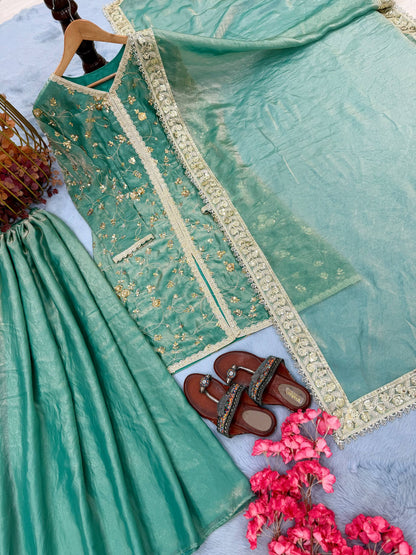 Wedding Wear Light Green Color Fendi Silk Embroidered Palazzo Suit Set
