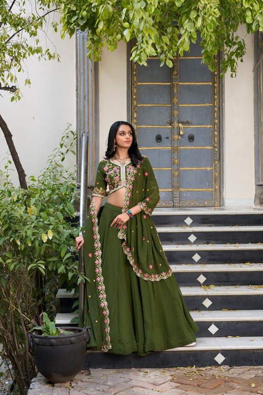 Party Wear Mahendi Green Color Georgette With Thread Embroidery Work Designer Lehenga Choli