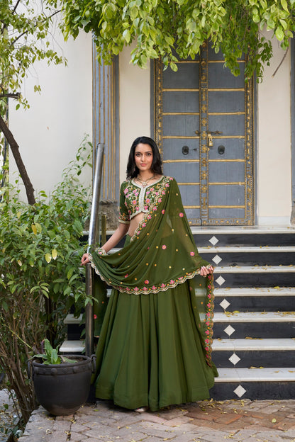 Party Wear Mahendi Green Color Georgette With Thread Embroidery Work Designer Lehenga Choli